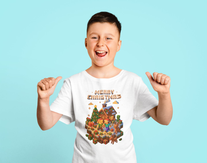 Koszulka dziecięca Świąteczna Merry Christmas w stylu Minecraft dla gracza — zdjęcie 4