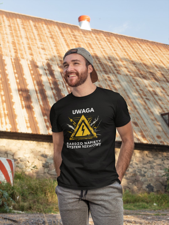 Koszulka męska Uwaga Bardzo Napięty System Nerwowy śmieszny prezent t-shirt — zdjęcie 2