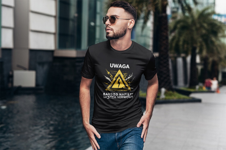 Koszulka męska Uwaga Bardzo Napięty System Nerwowy śmieszny prezent t-shirt — zdjęcie 3