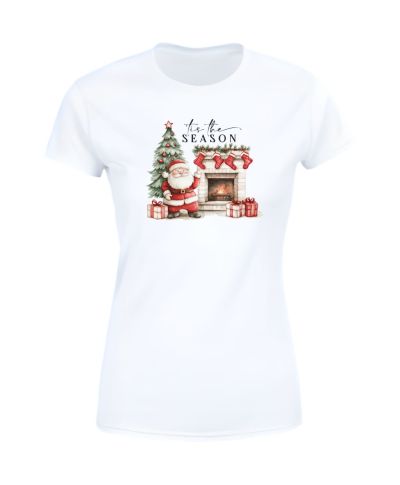 Koszulka damska Świąteczna Mikołaj przy kominku świąteczny nastrój choinka