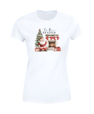 Koszulka damska Świąteczna Mikołaj przy kominku świąteczny nastrój choinka
