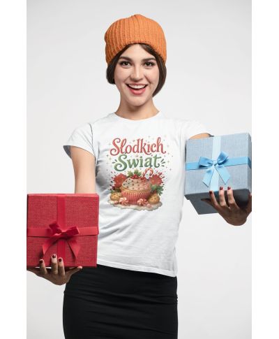 Koszulka damska Świąteczna Słodkich Świąt z kolorowymi słodyczami na święta