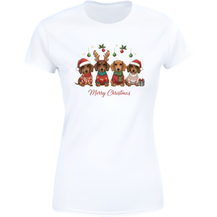 Koszulka damska Świąteczna z słodkimi jamnikami pieskami Merry Christmas