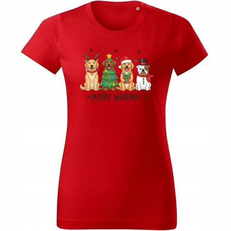Koszulka damska Świąteczna z pieskami świątecznymi Merry Woofmas