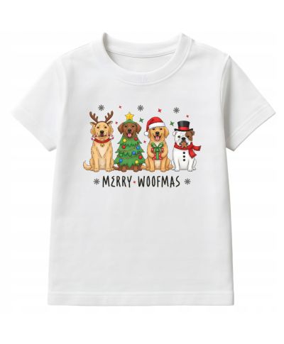 Koszulka dziecięca Świąteczna z pieskami świątecznymi Merry Woofmas