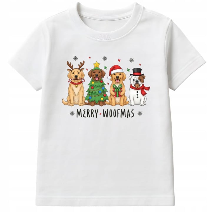 Koszulka dziecięca Świąteczna z pieskami świątecznymi Merry Woofmas