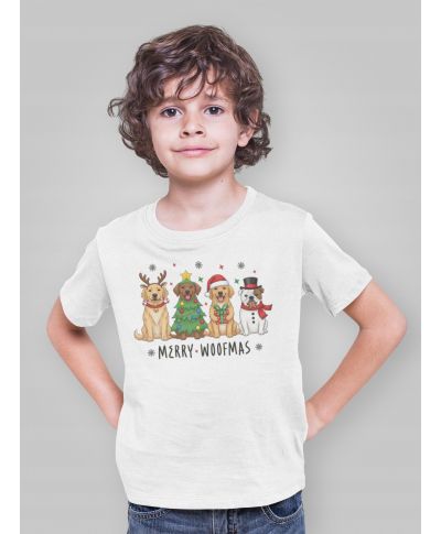 Koszulka dziecięca Świąteczna z pieskami świątecznymi Merry Woofmas