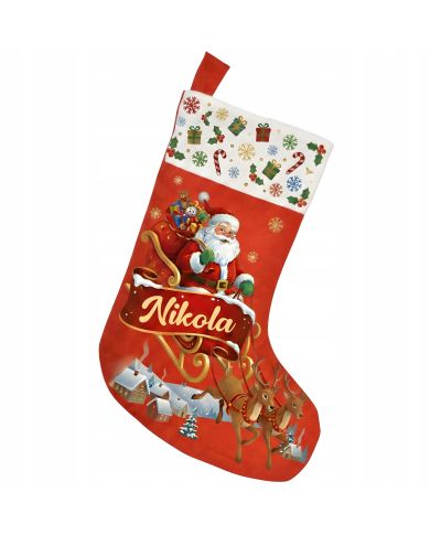 Skarpeta Świąteczna na Kominek z Imieniem na Prezenty Imię sanie Mikołaja