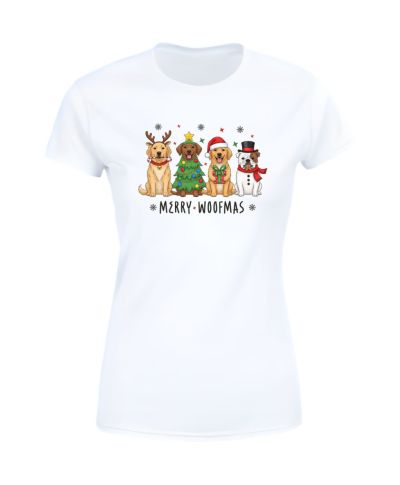 Koszulka damska Świąteczna z pieskami świątecznymi Merry Woofmas