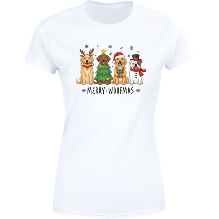 Koszulka damska Świąteczna z pieskami świątecznymi Merry Woofmas