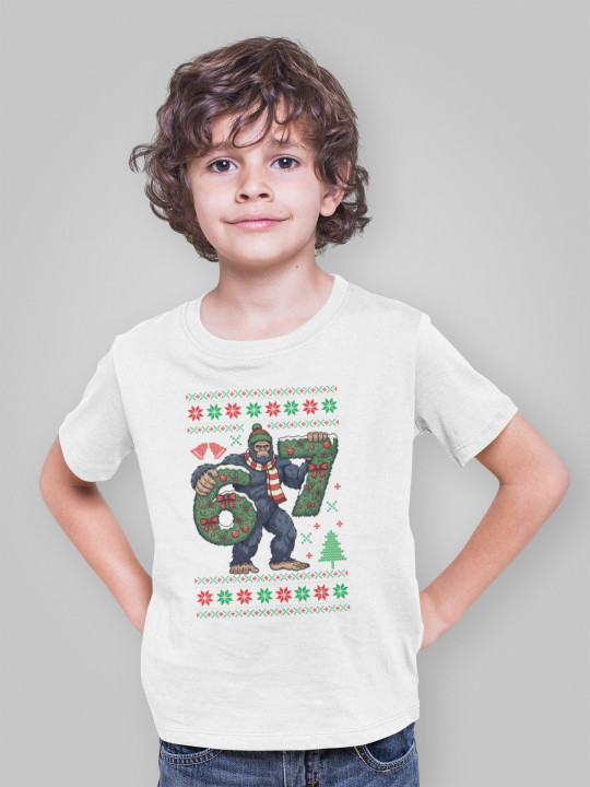 Koszulka dziecięca Świąteczna śmieszna Yeti Six Seven 6 7 ugly sweater — zdjęcie 2