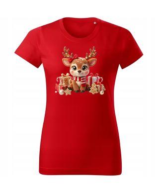 Koszulka damska Świąteczna słodki uroczy Renifer świąteczny z kokardą
