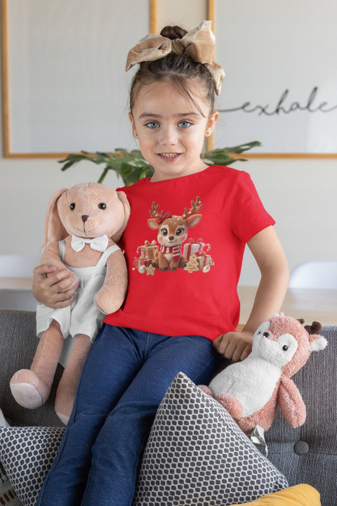 Koszulka dziecięca Świąteczna słodki uroczy Renifer świąteczny z kokardą — zdjęcie 3