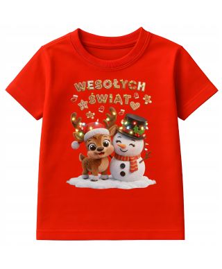 Koszulka dziecięca Świąteczna renifer i bałwan Wesołych Świąt prezent