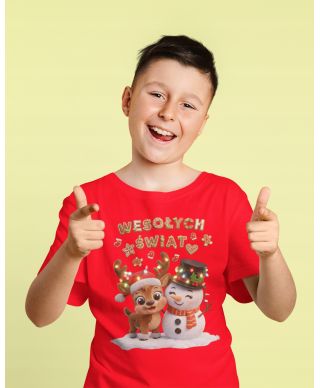 Koszulka dziecięca Świąteczna renifer i bałwan Wesołych Świąt prezent