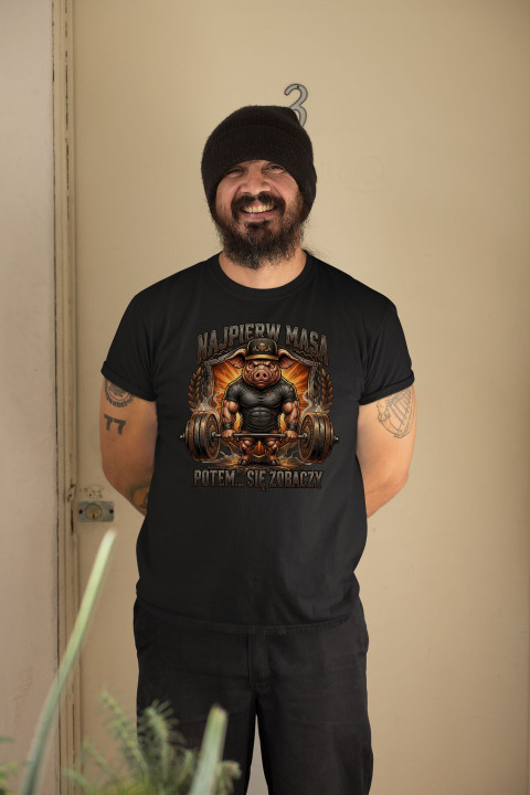 Koszulka męska dzik kulturysta Najpierw masa potem t-shirt na siłownię — zdjęcie 2
