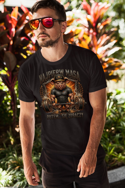 Koszulka męska dzik kulturysta Najpierw masa potem t-shirt na siłownię — zdjęcie 3