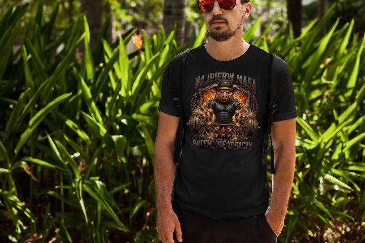 Koszulka męska dzik kulturysta Najpierw masa potem t-shirt na siłownię — zdjęcie 4