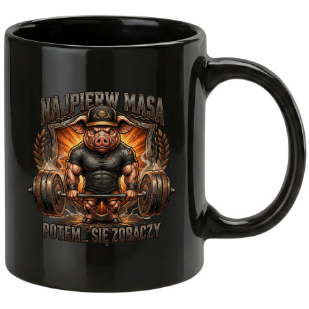 Kubek czarny dzik kulturysta Najpierw masa się zobaczy t-shirt na siłownię