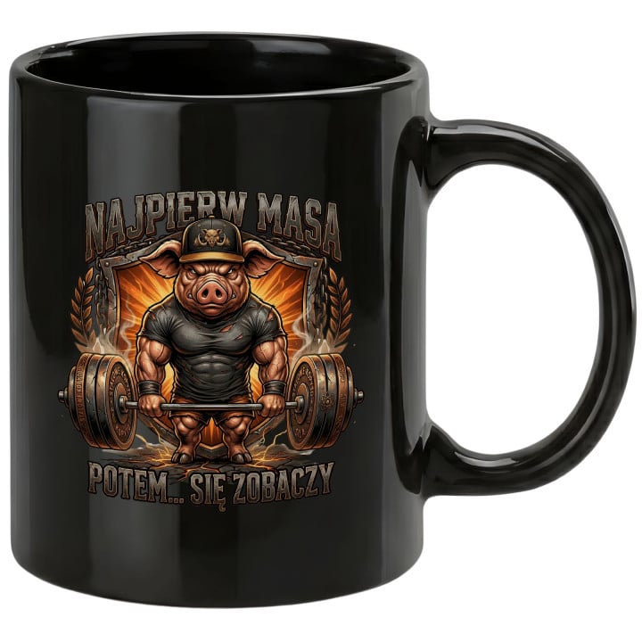 Kubek czarny dzik kulturysta Najpierw masa się zobaczy t-shirt na siłownię