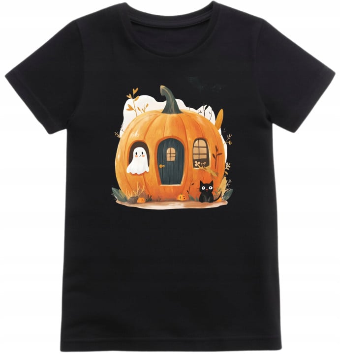 Koszulka dziecięca Dynia Domek z czarnym kotem i duchem na Halloween