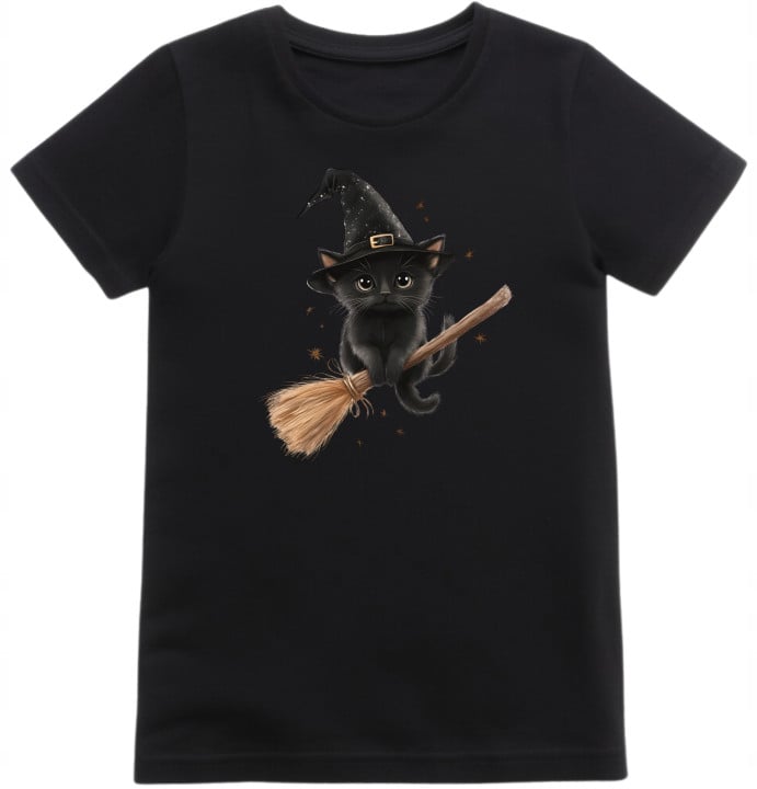 Koszulka dziecięca zabawny czarny Kotek na miotle na Halloween t-shirt