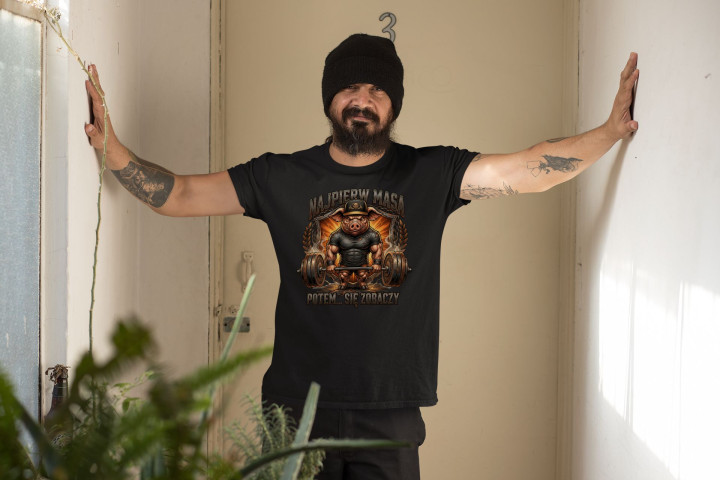 Koszulka męska dzik kulturysta Najpierw masa potem t-shirt na siłownię — zdjęcie 6
