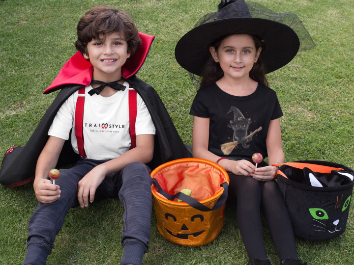 Koszulka dziecięca zabawny czarny Kotek na miotle na Halloween t-shirt — zdjęcie 5