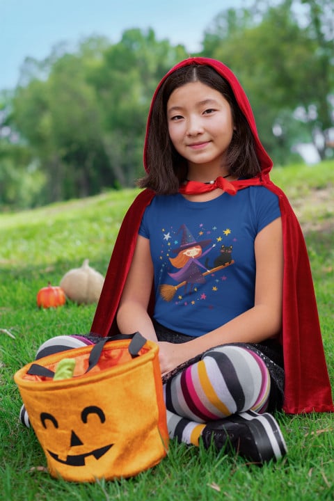 Koszulka dziecięca magiczna Czarownica z kotem na Halloween t-shirt — zdjęcie 3
