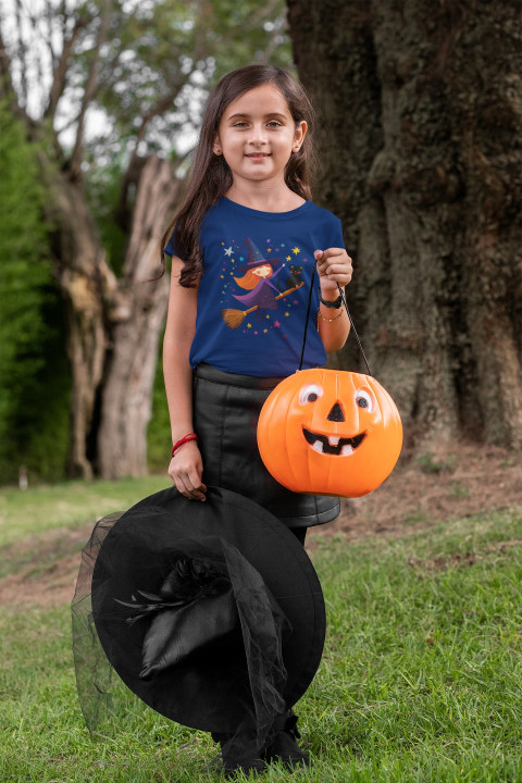 Koszulka dziecięca magiczna Czarownica z kotem na Halloween t-shirt — zdjęcie 4