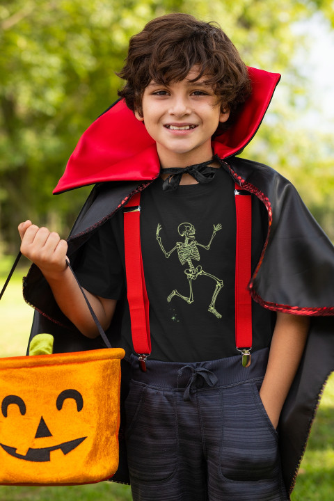 Koszulka dziecięca Zabawny Święcący Szkielet Halloween Świecąca w ciemności — zdjęcie 3