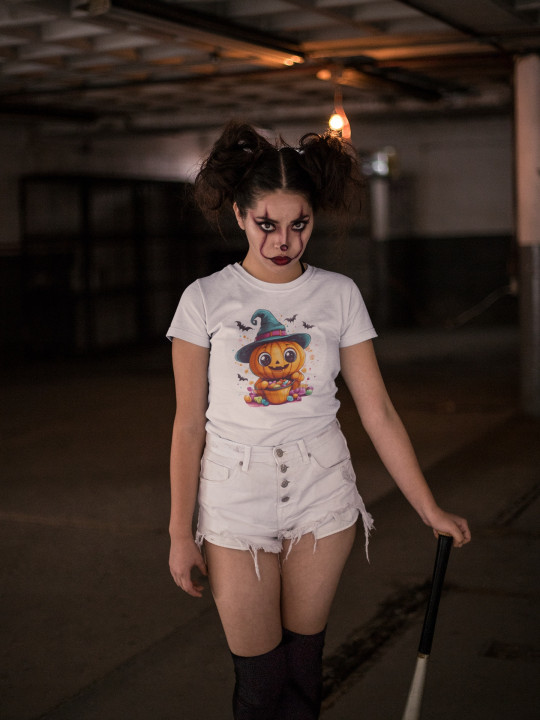 Koszulka damska Halloween dzień dyni Dynia z kapeluszem czarownicy — zdjęcie 3