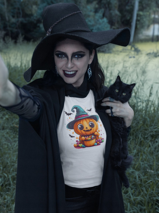 Koszulka damska Halloween dzień dyni Dynia z kapeluszem czarownicy — zdjęcie 4