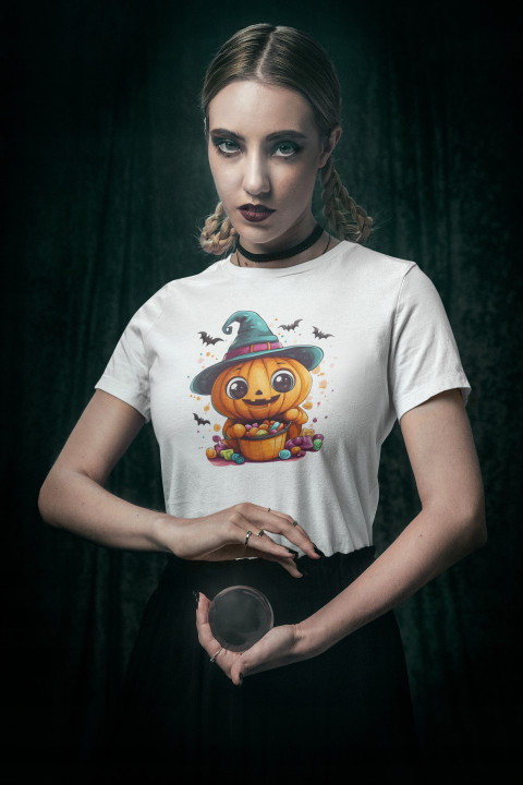 Koszulka damska Halloween dzień dyni Dynia z kapeluszem czarownicy — zdjęcie 5