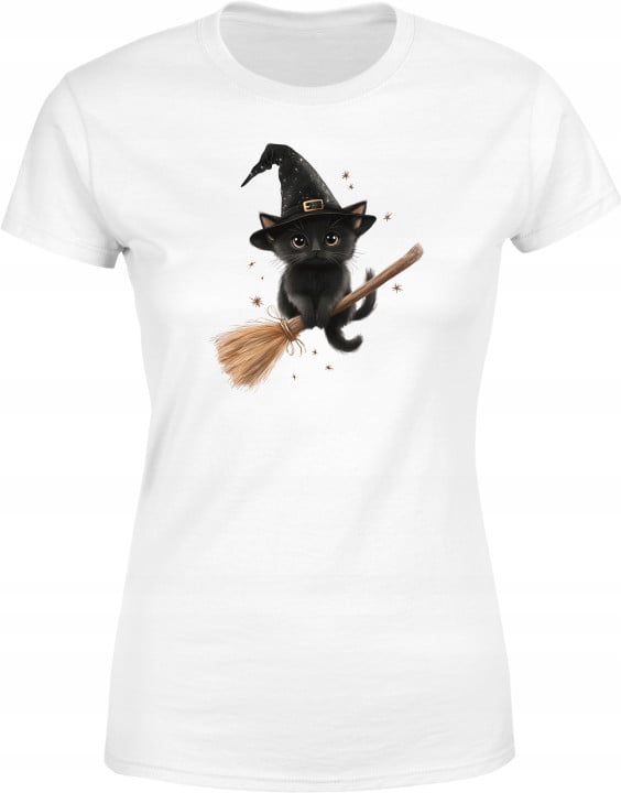 Koszulka damska zabawny czarny Kotek na miotle na Halloween t-shirt