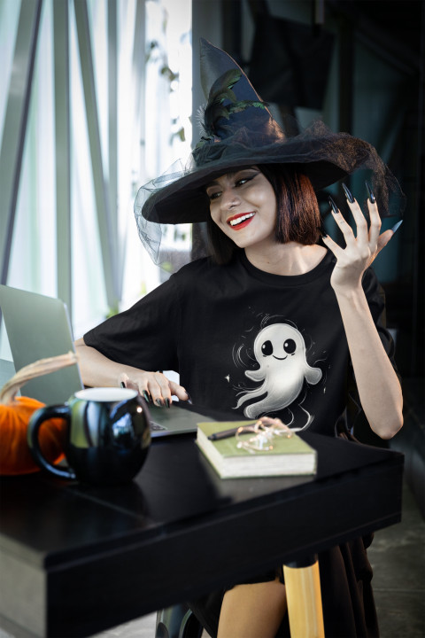 Koszulka damska Uroczy Duszek Duch Halloween Świecąca w ciemności t-shirt — zdjęcie 3