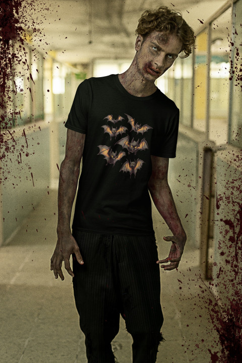 Koszulka męska Halloween Mroczne straszne Nietoperze w locie t-shirt — zdjęcie 2