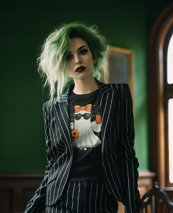 Koszulka damska Wesoła Pani Duch Duszek Stylowy w okularach na Halloween — zdjęcie 2