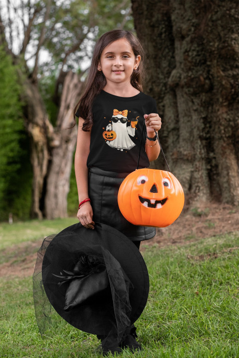 Koszulka dziecięca Wesoła Pani Duch Duszek Stylowy w okularach na Halloween — zdjęcie 2