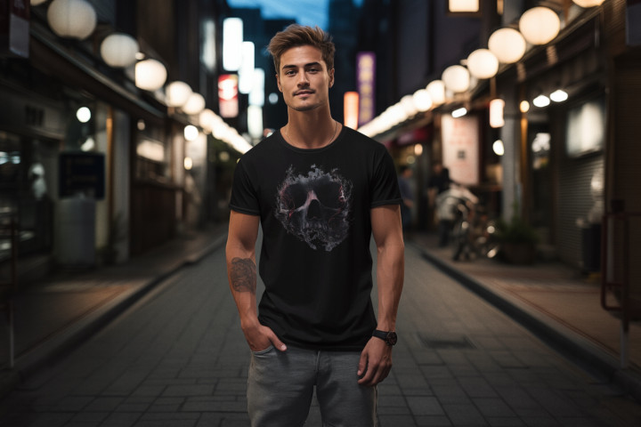 Koszulka męska Mroczna Mglista Czaszka t-shirt na Halloween — zdjęcie 2