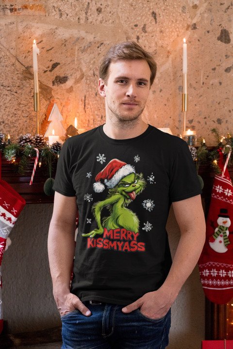 Koszulka męska Świąteczna śmieszna prezent na Święta Grinch MERRY KISSMYASS — zdjęcie 2