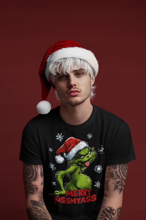 Koszulka męska Świąteczna śmieszna prezent na Święta Grinch MERRY KISSMYASS — zdjęcie 3
