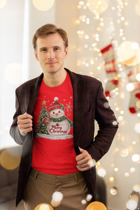 Koszulka męska Świąteczna prezent Święta Bałwanek z Choinką Merry Christmas — zdjęcie 4