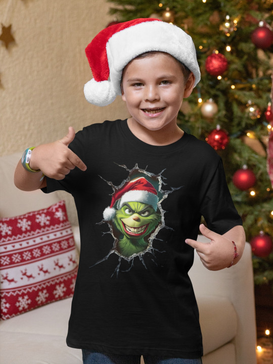 Koszulka dziecięca Świąteczna na Święta Grinch psotnik w czapce Mikołaja — zdjęcie 2