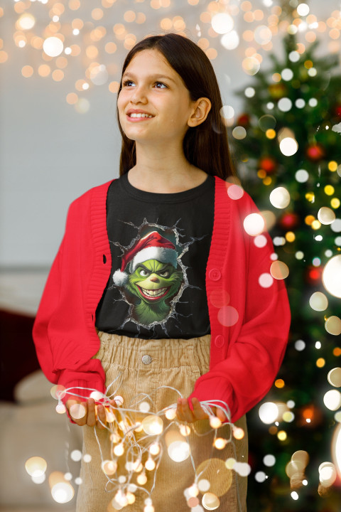 Koszulka dziecięca Świąteczna na Święta Grinch psotnik w czapce Mikołaja — zdjęcie 3