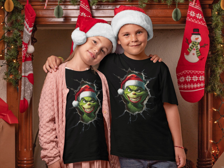 Koszulka dziecięca Świąteczna na Święta Grinch psotnik w czapce Mikołaja — zdjęcie 5