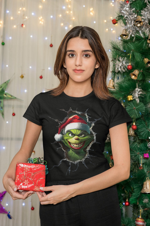 Koszulka damska Świąteczna prezent Święta Grinch psotnik w czapce Mikołaja — zdjęcie 3