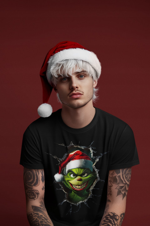 Koszulka męska Świąteczna prezent Święta Grinch psotnik w czapce Mikołaja — zdjęcie 3