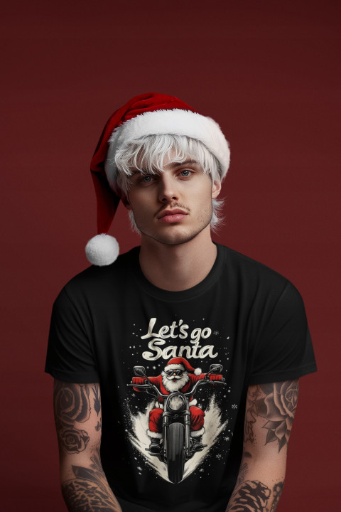 Koszulka męska Świąteczna Święta Mikołaj na Motocyklu Let's Go Santa! — zdjęcie 2