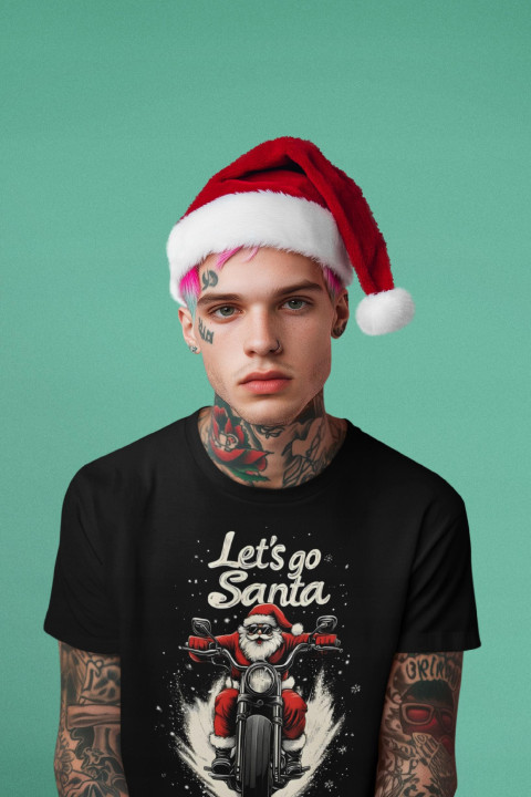 Koszulka męska Świąteczna Święta Mikołaj na Motocyklu Let's Go Santa! — zdjęcie 3